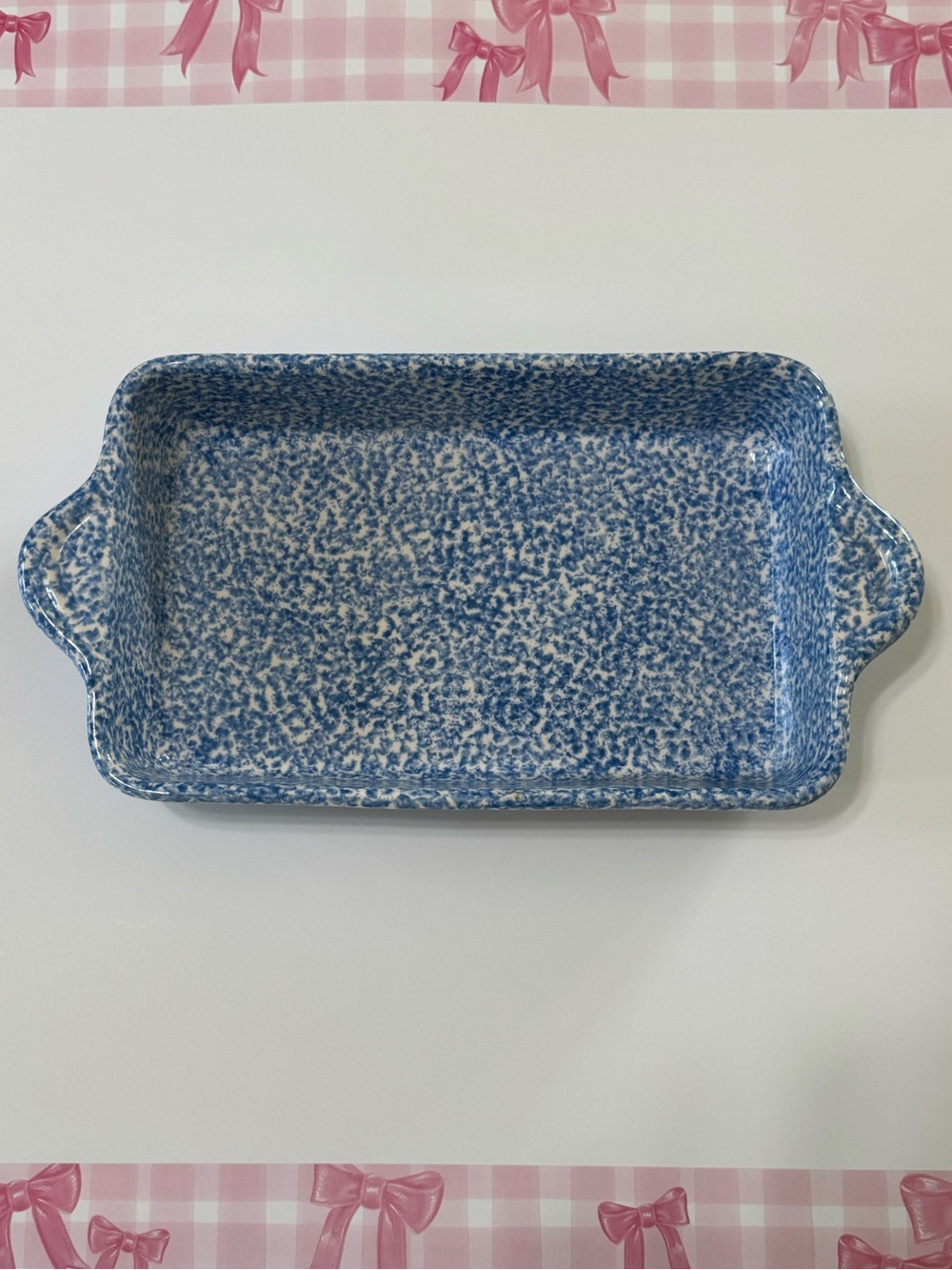 Vintage Los Angeles Potteries Ovenware Blue Stipple Spongeware Loaf Pan Serving